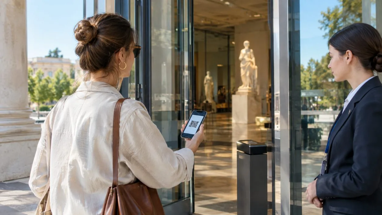 A visitor holding a phone with a mobile ticket at the museum pavilion doors
