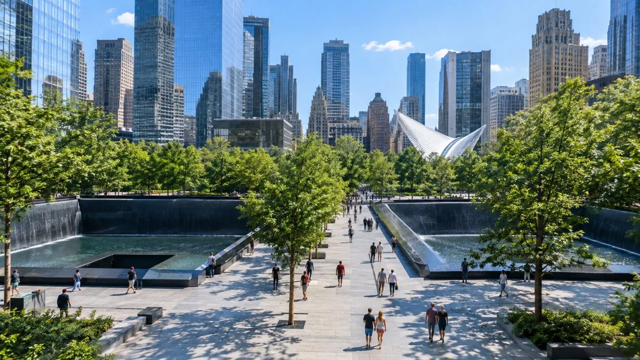 The open memorial plaza on a bright morning with people walking between the pools