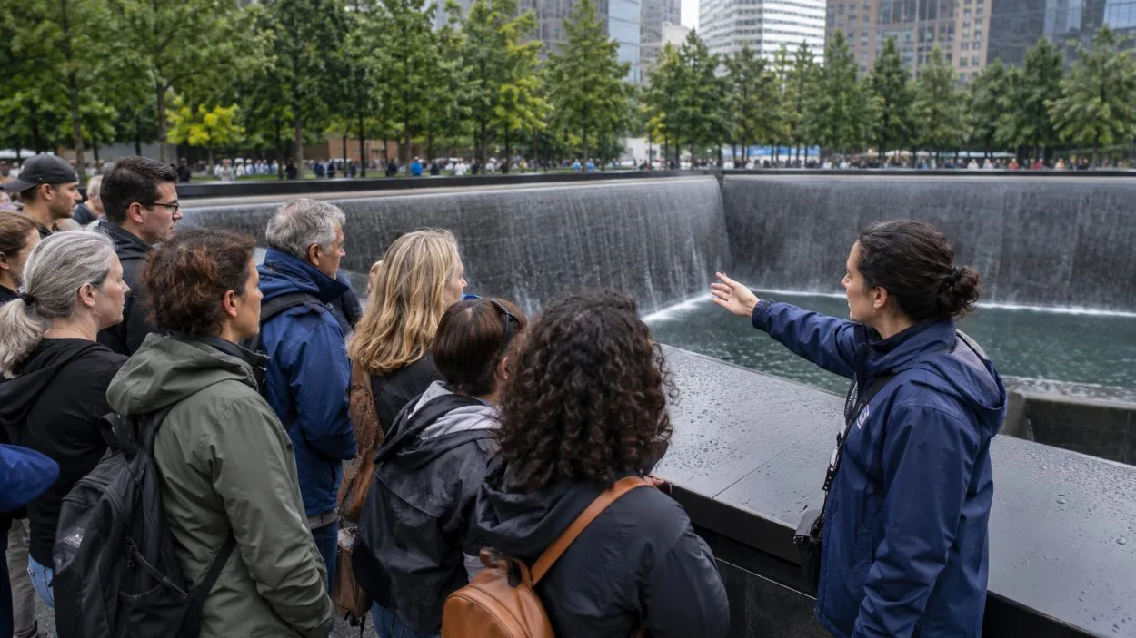 A small group listening to a guide beside the bronze parapet of a memorial pool