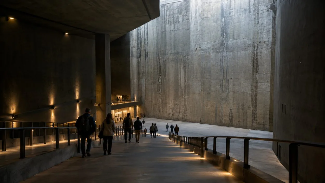 A long ramp descending through a vast underground hall towards the slurry wall