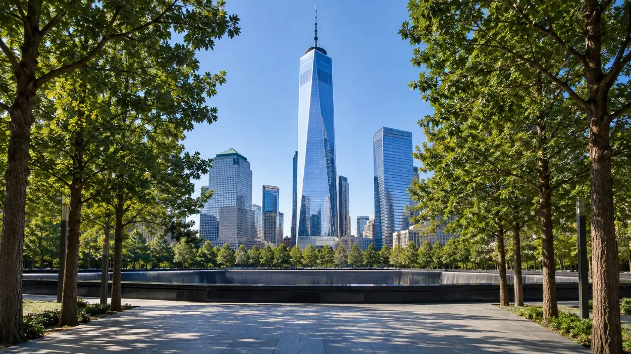 One World Trade Center seen from the memorial plaza between rows of oaks