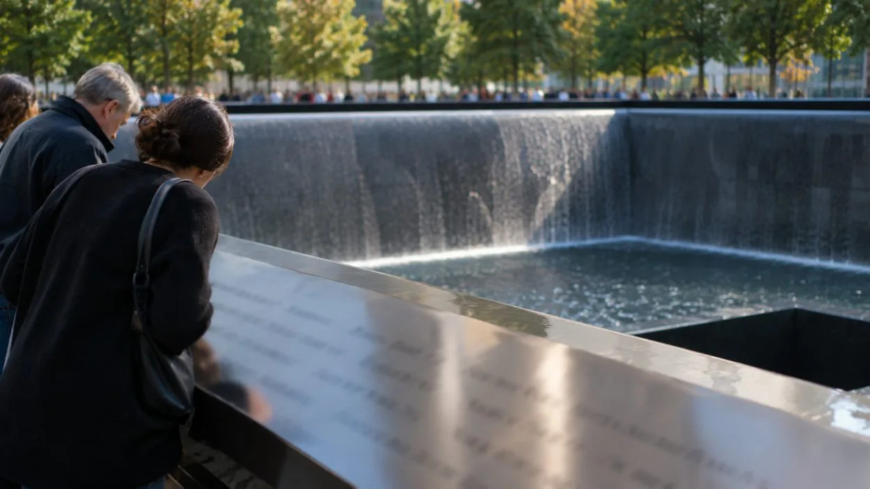 Visitors reading the names on a memorial parapet with water falling beyond