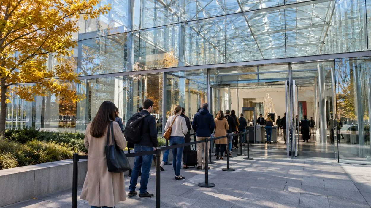 The museum pavilion entrance with visitors queueing for security screening