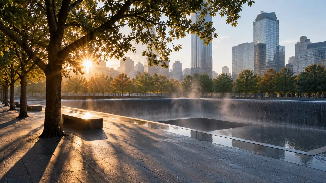 Morning light across the memorial plaza with the pools and oaks and few visitors