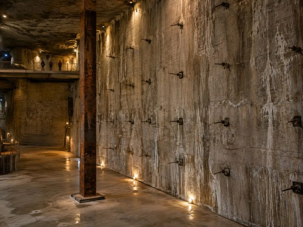 A vast underground hall with an exposed concrete slurry wall and a single standing steel column