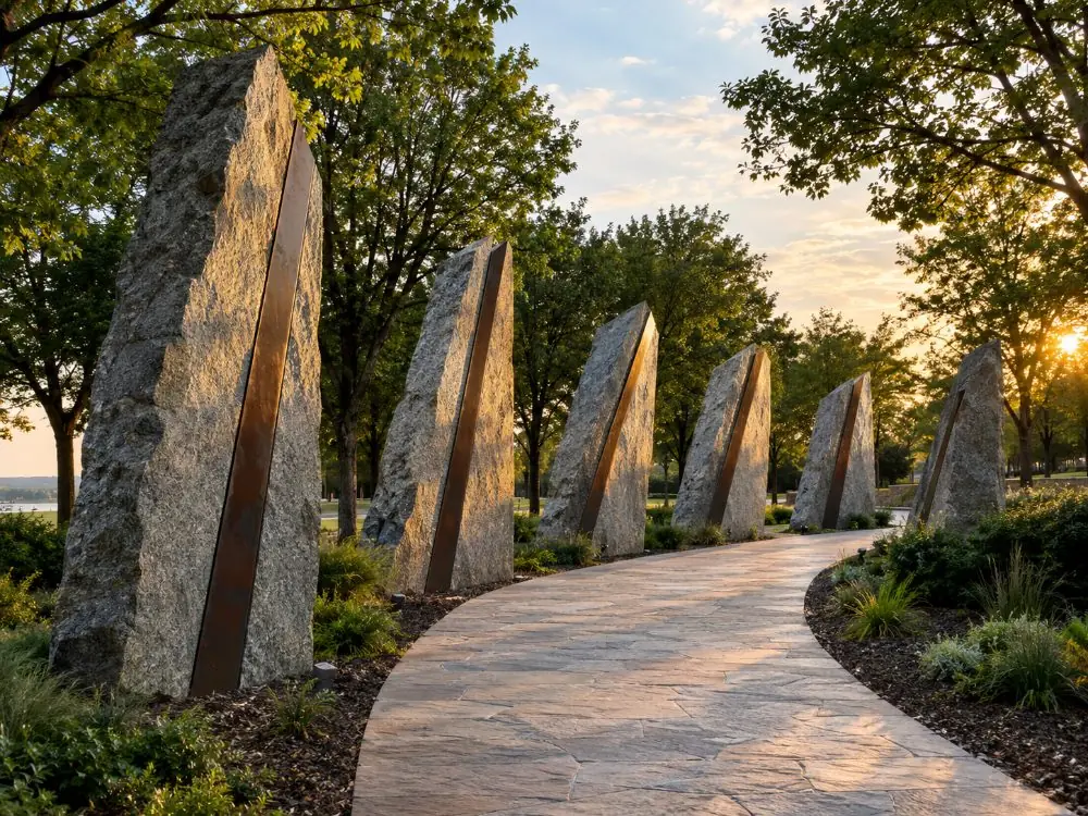 A stone path with six granite monoliths among trees