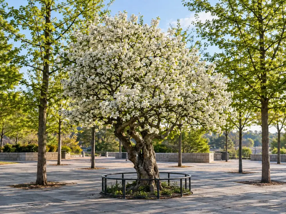 A pear tree in blossom among the oaks on the memorial plaza