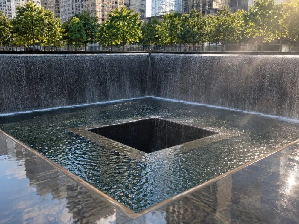 Water falling thirty feet down the walls of a memorial pool